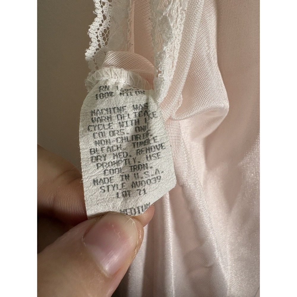 Vintage 70s Pastel Pink Nylon Nightgown M Coquette Lace Semi-sheer Maxi USA - Picture 7 of 7